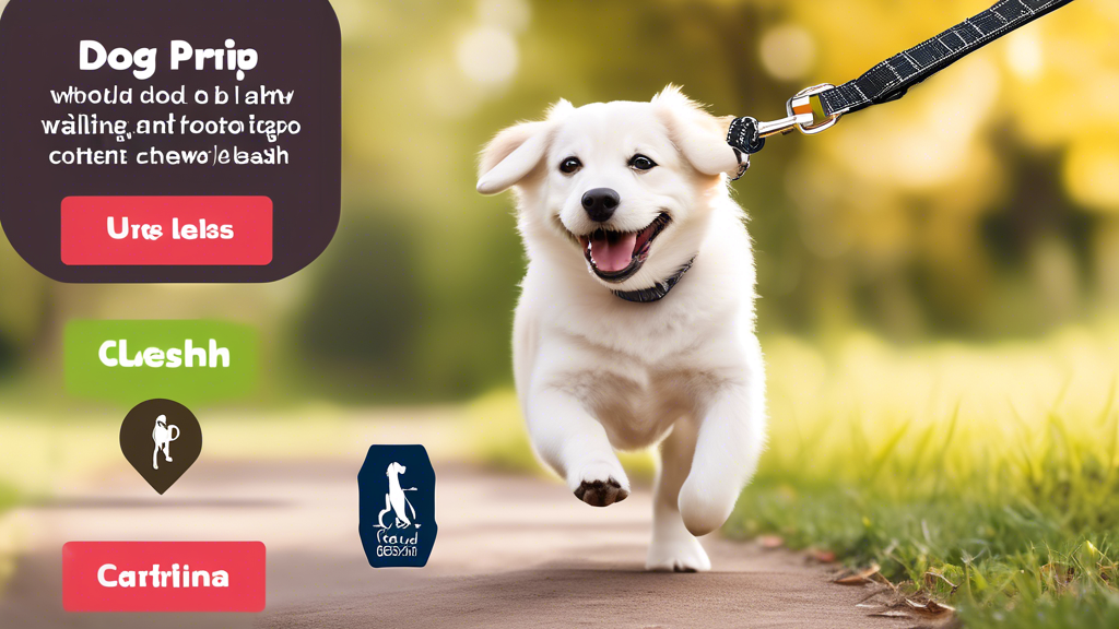 Create an image of a happy dog being walked on a sturdy, chew proof dog leash in a beautiful park setting. The leash should showcase different models of chew proof designs, such as those made from nylon, metal chain, leather, and BioThane. Include captions or labels highlighting the unique features of each leash, like strength and flexibility. The dog should look content, and the environment should be vibrant with lush greenery, illustrating the durability of the leash in various conditions. Include customer testimonial blurbs in the background for added detail.