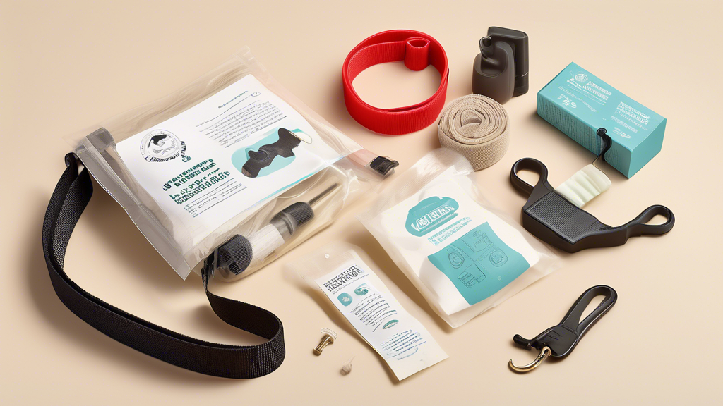 Create a detailed illustration of a chew proof dog leash care kit. Include items like a cleaning brush, mild detergent, instructional manual, and storage hooks. Show a section of the image demonstrating training techniques to discourage chewing, with a dog and owner practicing in a peaceful setting. Emphasize durability and longevity in the overall design, incorporating elements that signify proper maintenance and care for the leash.