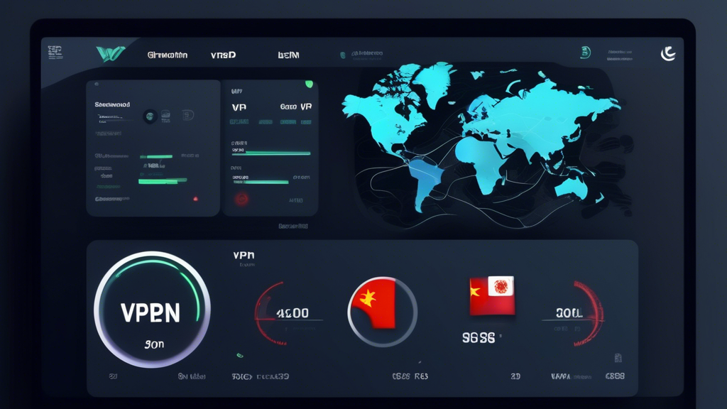 Create a detailed digital image featuring three distinct VPN providers displayed on a stylish and modern dashboard interface. The dashboard should show speed test results, including download and upload speeds, latency, and connection stability for each VPN. Represent China through subtle elements such as a silhouette of the Great Wall or a Chinese flag in the background. The image should look professional and emphasize the speed and reliability of the VPNs, with dynamic graphs and metrics to highlight their performance. Use labels like 