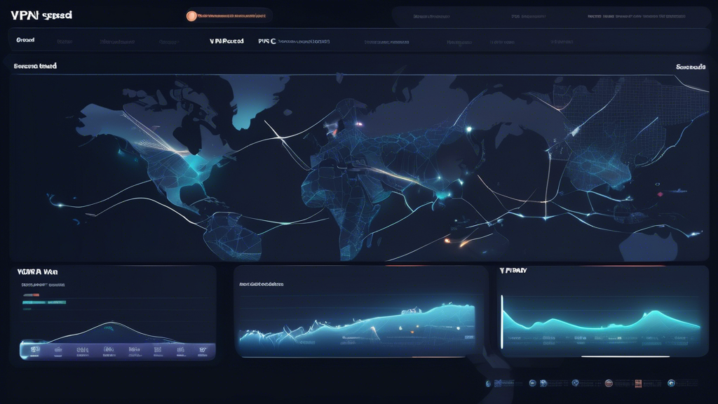 Create an image that showcases a dynamic and futuristic interface displaying various VPN speed metrics. The background should subtly hint at the Great Wall of China, symbolizing the internet restrictions. Highlight sections showing server locations across the globe, user reviews with star ratings, and expert analysis represented by graph charts. The aesthetics should align with the theme of lightning-fast internet speed, featuring vibrant lines of data flow and connectivity. The title overlay should read, How to Choose the Best VPN for Speed in China.