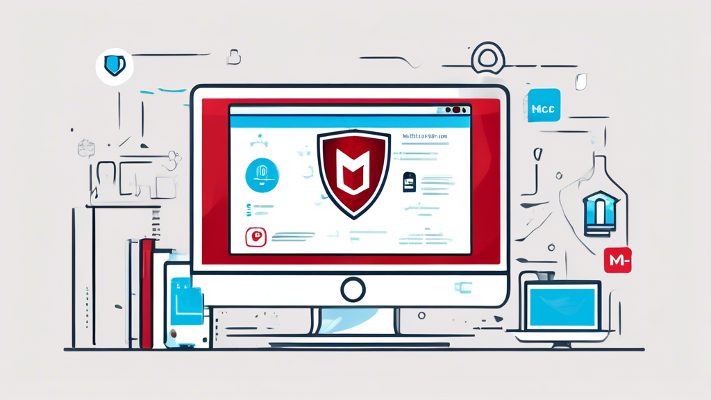 Generate a detailed illustration showing a computer screen with the McAfee logo, displaying an installation wizard with step-by-step instructions for setting up McAfee Online Privacy Solutions. Surrounding the screen, include icons and symbols representing customization options, enhanced security features, and support services like a headset and a shield with a checkmark. The background should convey a sense of digital security with abstract patterns of locks, keys, and encrypted codes. Keywords: McAfee online privacy, installation guide, customization options, security symbols.