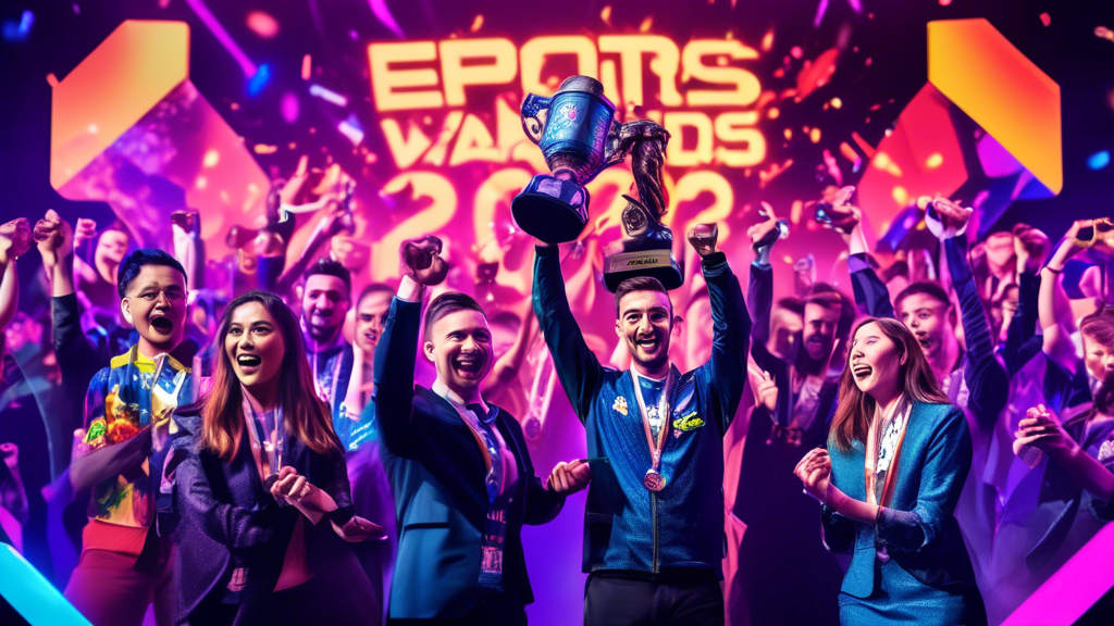 Create an image capturing the essence of the Esports Awards 2022 highlighting the major winners celebrating on stage. The scene should include jubilant winners holding their trophies, clad in stylish attire, with an enthusiastic audience applauding in the background. Show a backdrop of vibrant lights and digital graphics reflecting the modern and dynamic nature of esports. Include a focus on some key winners giving heartfelt acceptance speeches, displaying their excitement and appreciation. Incorporate elements that symbolize the impact of their wins on the esports community, such as banners or digital screens showing game icons, logos, or relevant hashtags trending on social media.