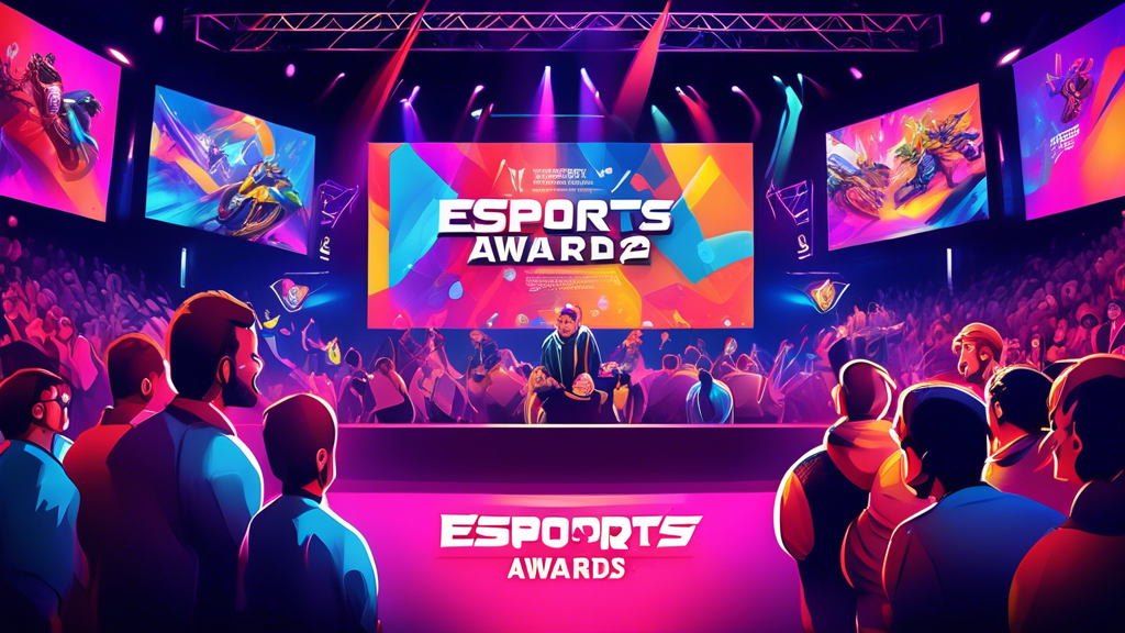 Create an image of the Esports Awards 2022 showcasing various memorable highlights and performances. Illustrate a vibrant stage with dramatic lighting and large screens displaying game highlights. Include famous esports figures making guest appearances, dynamic audience reactions, and a flurry of social media posts popping up in the background. Capture the energetic and celebratory atmosphere of the event.