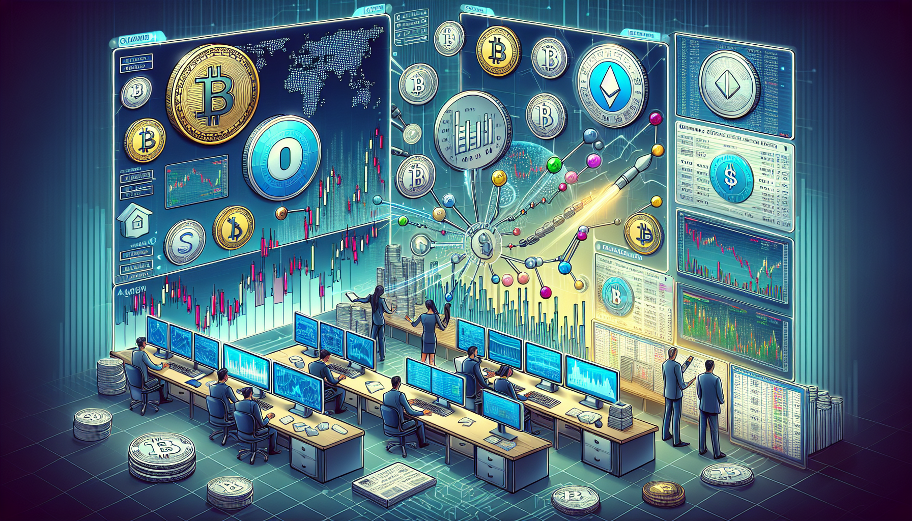 A richly detailed digital illustration showcasing the CoinEx Exchange platform. The image should feature a variety of cryptocurrency icons and trading pairs floating around an interactive trading terminal. Highlight professional trading tools such as candlestick charts, order books, and analytical graphs. Show traders of different experience levels navigating the platform, with some focused on advanced analytics and others on simpler trading actions. The backdrop should convey a high-tech, secure environment with vibrant colors to signify a dynamic and user-friendly interface. Include elements that capture both professional and novice users.