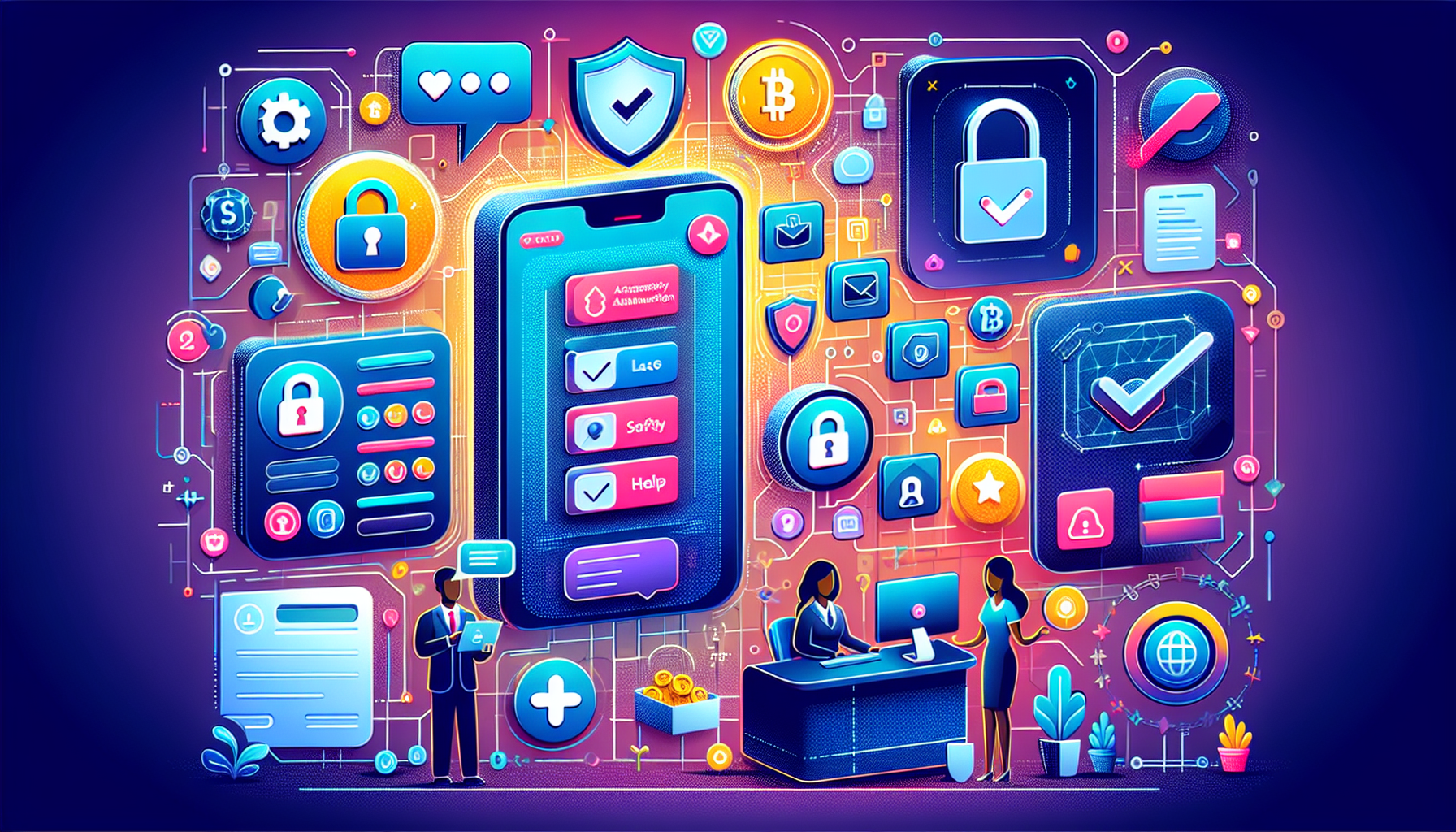Create a detailed digital illustration showing the CoinEx exchange platform, focusing on its security features and customer support. Depict a user interface with features like two-factor authentication and encrypted transactions. Show customer service representatives assisting users via chat and phone. Highlight icons and symbols related to safety and support, such as shields, locks, and help desks.