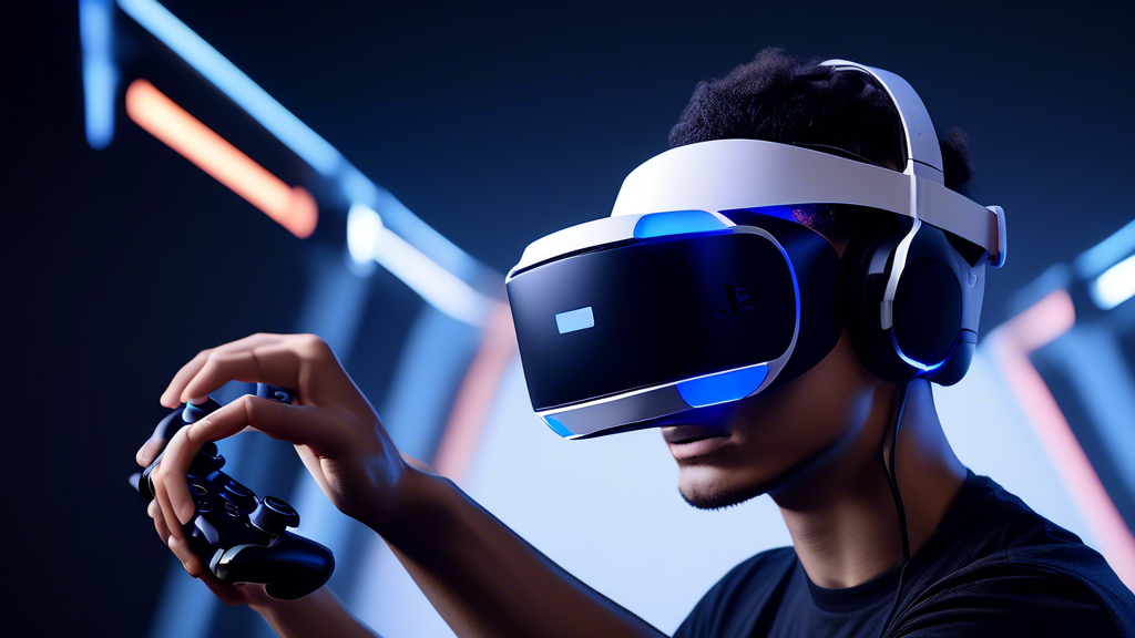 A highly detailed image showcasing a gamer fully immersed in a virtual reality experience using the Sony PS5 VR2. The gamer is holding the VR2 controllers, which display haptic feedback and adaptive triggers in action. The headset