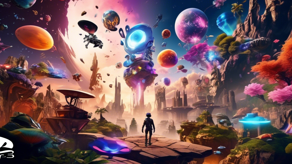 Create an image showcasing the exclusive games and content for Sony PS5 VR2. The scene should feature a dynamic collage of visually stunning covers and screenshots from various exclusive game titles. Highlight vivid scenes that showcase different genres, such as an intense action-adventure game, a whimsical fantasy world, and a futuristic sci-fi epic. Integrate elements demonstrating the hardware capabilities of the VR2, like immersive environments, realistic character expressions, and interactive landscapes. Add subtle branding for Sony PS5 VR2 to emphasize the exclusive nature of the content.