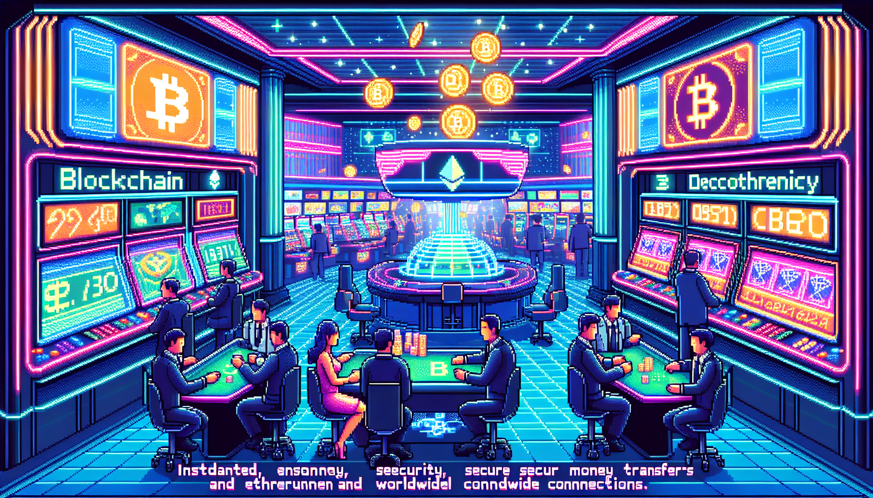 A high-tech, futuristic casino illuminated with neon lights, showcasing players using various cryptocurrencies like Bitcoin and Ethereum for transactions. The scene includes holographic displays highlighting instant, secure transactions and global connectivity. Players experience enhanced privacy and a wide variety of games, with blockchain symbols integrated into the overall design to emphasize decentralized technology.