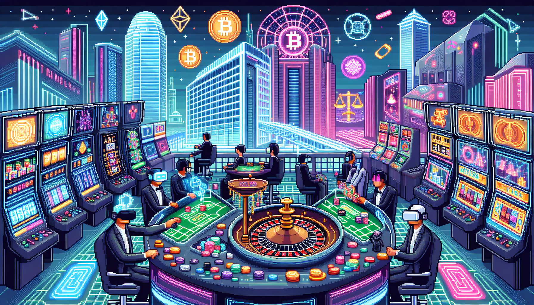 Create an image showing the futuristic landscape of a crypto casino industry, with digital illustrations of emerging technologies such as VR and blockchain symbols. The scene should include a holographic roulette table, virtual slot machines, and players engaged in immersive gaming experiences using VR headsets. In the background, depict a legal gavel and scales to signify regulatory challenges. Use a visually striking cyberpunk aesthetic to emphasize innovation and the futuristic nature of the crypto casino space. Keywords to consider: crypto casino, VR gaming, blockchain technology, futuristic, innovation, regulation.