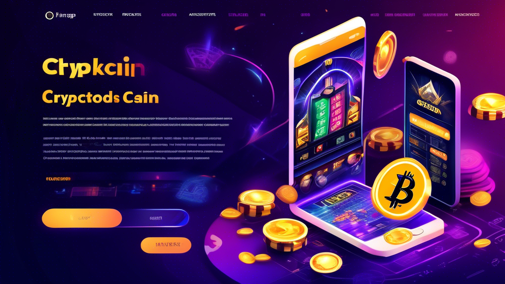 Create an image that illustrates the key features of the best crypto casino online, showcasing secure blockchain technology with elements like a digital ledger, fast and anonymous transactions with a speedometer and cloak icon, and a mobile-friendly and user-friendly interface displayed on a smartphone screen, all set against a backdrop of a vibrant, high-tech casino.