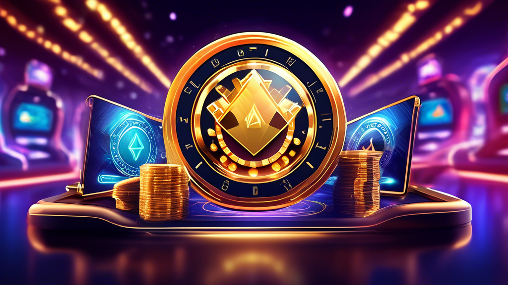 Create an image featuring a futuristic online casino with sleek, digital interfaces showcasing blockchain icons, global accessibility symbols, and various traditional casino games like poker, slots, and roulette. Highlight the concept of low transaction fees and enhanced privacy with visual elements like locked shields and stackable coins. Ensure the overall ambiance is vibrant and modern to convey the advanced technology and security of the best crypto casinos online.