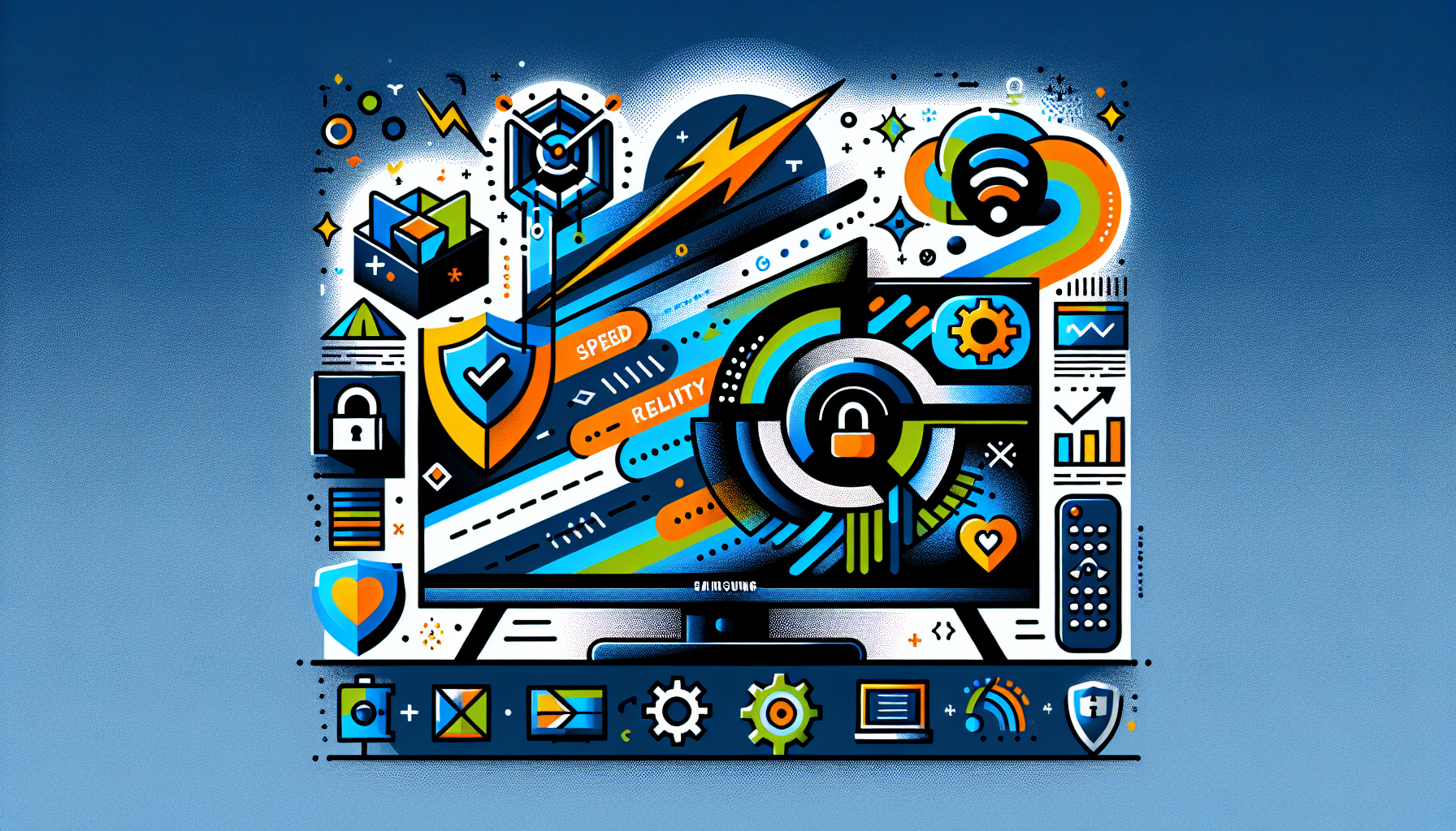 Create an illustration that showcases the top criteria for selecting the best DNS for a Samsung Smart TV. The image should highlight Speed and Reliability with icons or graphics depicting smooth streaming, Security Features with symbols like a shield or padlock to represent data protection, and Ease of Setup with simplified graphics like a gear or an easy-to-follow checklist. The TV should be prominently displayed with sleek, modern aesthetics, and connected icons representing fast internet speed, secure browsing, and user-friendly setup.