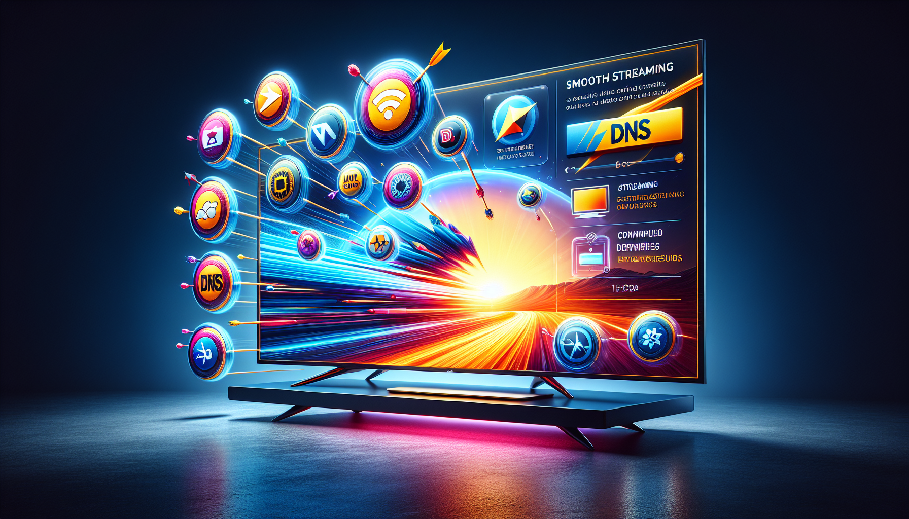 A sleek Samsung Smart TV displaying a vibrant home screen, with a transparent overlay showcasing the logos of top DNS providers like Google DNS, OpenDNS, and Cloudflare DNS. The background features a split view: on one side, a fast-loading streaming service, and on the other, a step-by-step setup guide highlighting the configuration process for DNS settings on the TV. The image conveys seamless streaming and ease of setup, emphasizing the benefits and features of using recommended DNS providers.