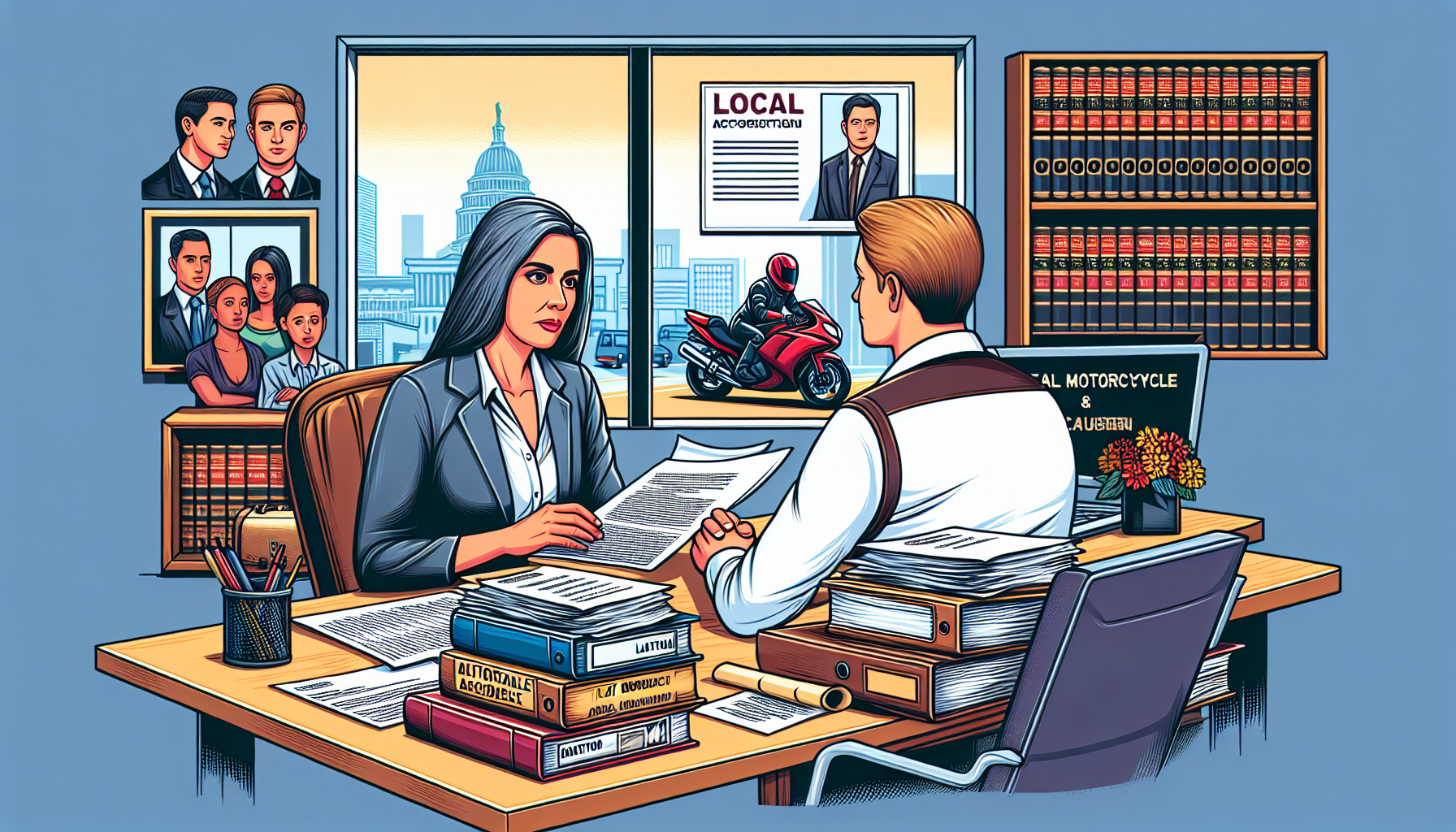 Create an image of a dedicated, professional lawyer sitting at a cluttered desk, carefully reviewing a stack of files related to fatal motorcycle accident cases. The office is filled with legal books and documents, highlighting the lawyer