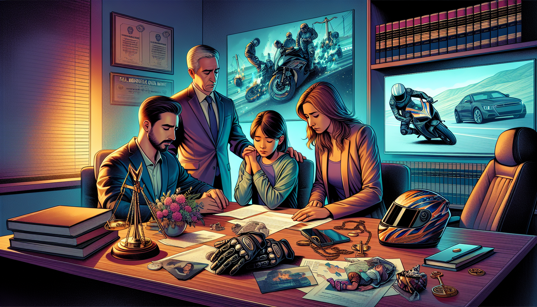 An emotionally poignant scene depicting a family gathered around a solemn table with a fatal motorcycle accident lawyer in an office setting. The lawyer, characterized by a look of empathy and professionalism, is presenting crucial documents and a digital screen displays accident scene photos. Strewn across the table are notes and personal effects from a motorcycle rider. The background subtly includes law books and a justice scale, symbolizing the pursuit of justice and fair compensation.