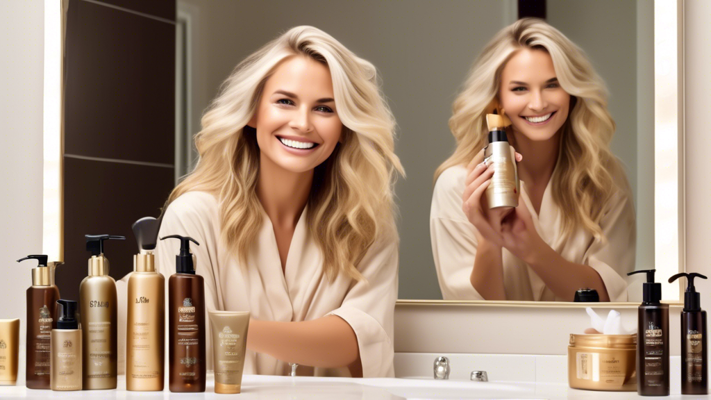 Create an image depicting a chic bathroom setting: on the countertop, there are stylish bottles of recommended shampoos and conditioners specifically labeled for blonde and brown foiled hair. Nearby, there are products for deep conditioning treatments and heat protection sprays. A beautiful woman with blonde and brown foiled hair is seen in the mirror, smiling as she applies a nourishing hair mask. Also, include a small calendar with marked dates for touch-up appointments, and a notepad with handwritten hairstylist advice on maintaining vibrant color. The atmosphere should feel luxurious and inviting, emphasizing proper hair care and maintenance.