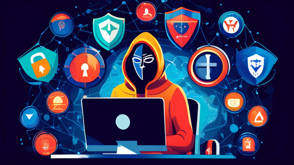 A person sitting at a computer with an open browser window displaying icons of various anonymous browsing tools like VPNs, proxies, and the Tor Network. The individual is surrounded by a shield of binary code, representing digital privacy and security. The background features a globe symbolizing global internet access without geolocation restrictions.