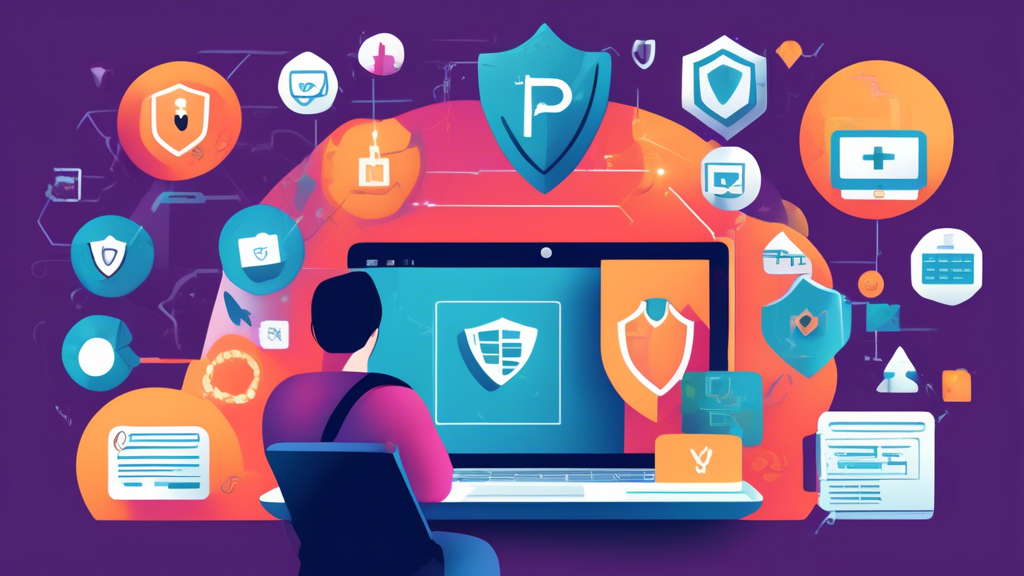 An illustration showing a person accessing a blocked website on a laptop while staying safe: The user is surrounded by icons representing robust security measures such as strong passwords, two-factor authentication, and antivirus software. Additional elements include caution signs for recognizing potential risks like malware and legal warnings. The background subtly features symbols of privacy protection, like VPN and shield icons, emphasizing the theme of ensuring privacy and security.