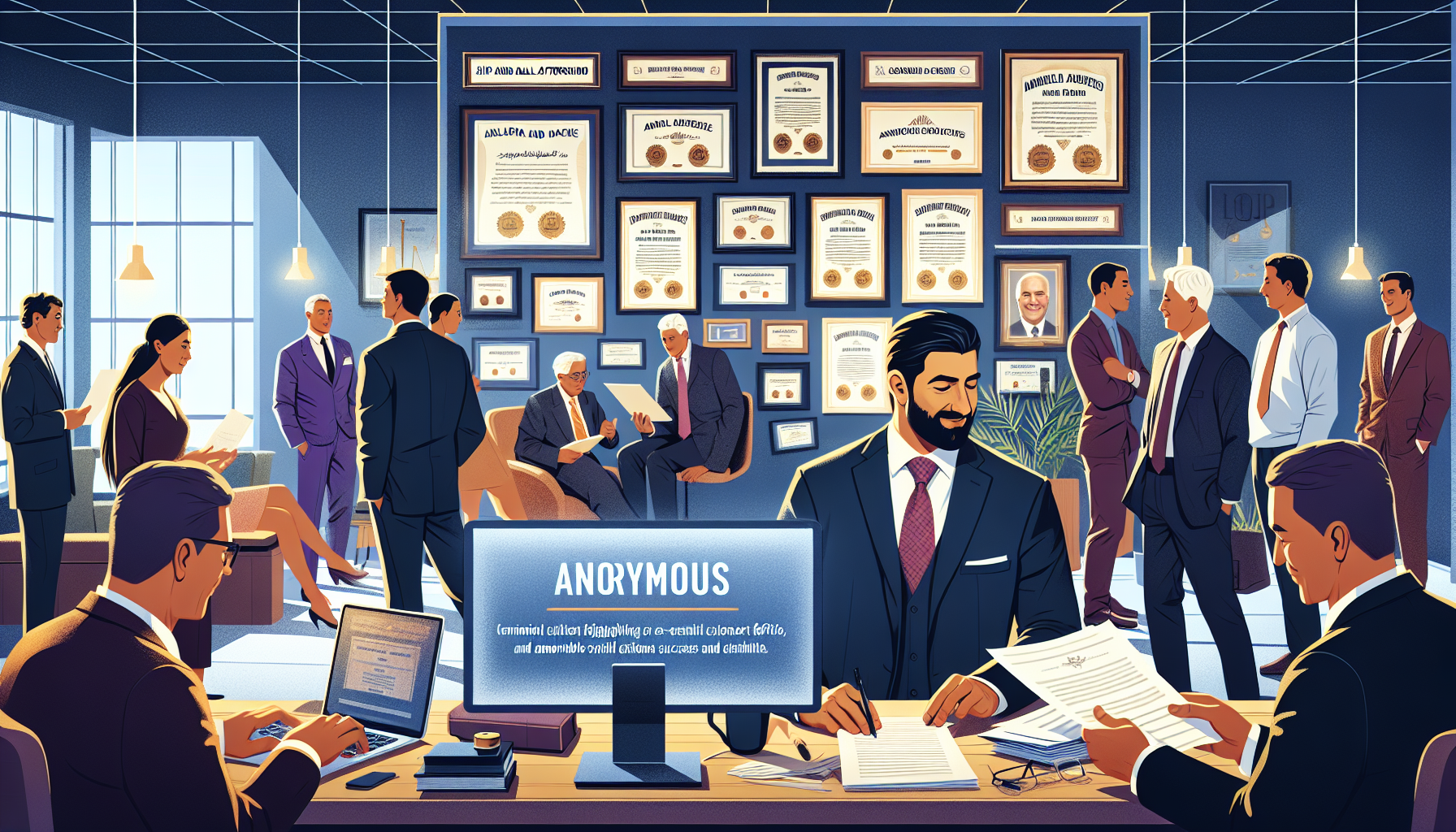 Visualize a busy law office scene where a trustworthy attorney specializing in slip and fall cases is reviewing documents with great focus and expertise. Surround him are framed certificates and awards showcasing his accomplishments. In the background, a digital display shows positive client testimonials and impressive case success rates. Clients of diverse backgrounds are actively engaging, highlighting the attorney