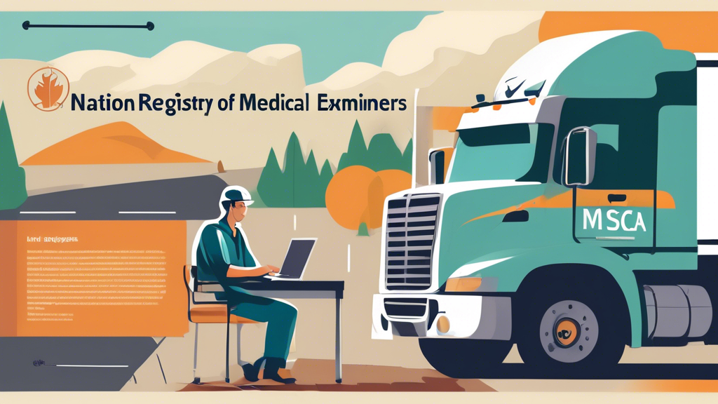 **Prompt:** Create an image depicting a truck driver using a laptop at a roadside rest area. The laptop screen shows the website of FMCSA’s National Registry of Certified Medical Examiners. In the background, a sign indicates Local Medical Clinics with arrows pointing in various directions. The scene is set against the backdrop of highways and a truck parked nearby. The truck driver looks focused and determined, emphasizing the importance of finding a certified medical examiner.