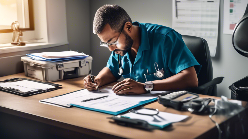 Create an image that shows a truck driver organizing his paperwork and medical records in preparation for a medical exam. The setting could be a tidy, comfortable home office with a calendar marked for the exam date, a stethoscope, and a blood pressure monitor on the desk. The truck driver should appear focused and somewhat studious, glancing at a checklist titled Medical Exam Preparation. Around him, there could be visual elements representing health and wellness, such as a half-empty water bottle, fresh fruits, and a pair of running shoes tucked under the desk. The overall tone should convey readiness and attention to detail.Keyword: medical exam preparation for truck drivers.