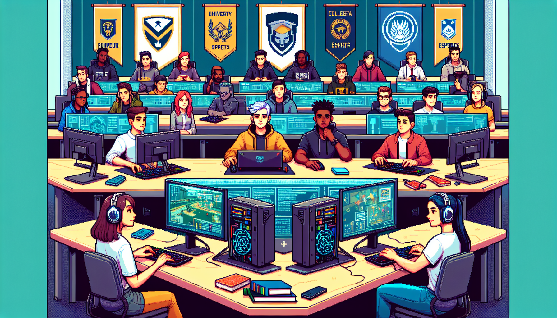 Create an image showing a diverse group of university students participating in a collegiate esports event. Some students are playing competitively on high-end gaming setups, while others are engaging in discussions about strategies and coursework nearby. Background elements include university banners and academic books, highlighting the integration of esports within academic life. The overall atmosphere should be vibrant and dynamic, capturing both the competitive spirit and the academic environment.