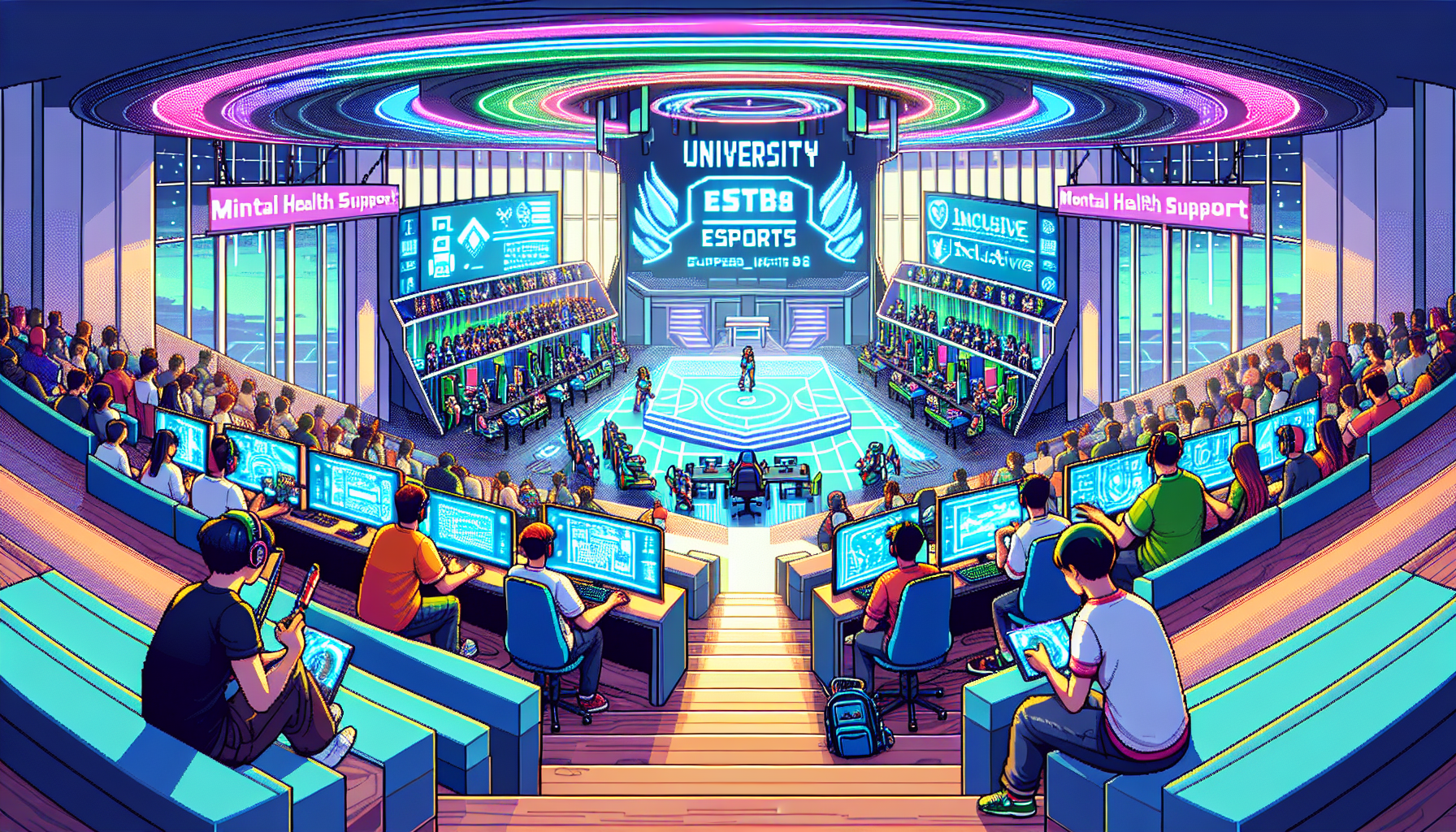 Create an image of a futuristic university esports arena filled with students and spectators, showcasing state-of-the-art gaming equipment and virtual reality elements. Highlight diverse groups of students engaging in gameplay, networking, and discussing potential career opportunities in esports. Include visual elements that touch on mental health support and inclusive practices within the environment.
