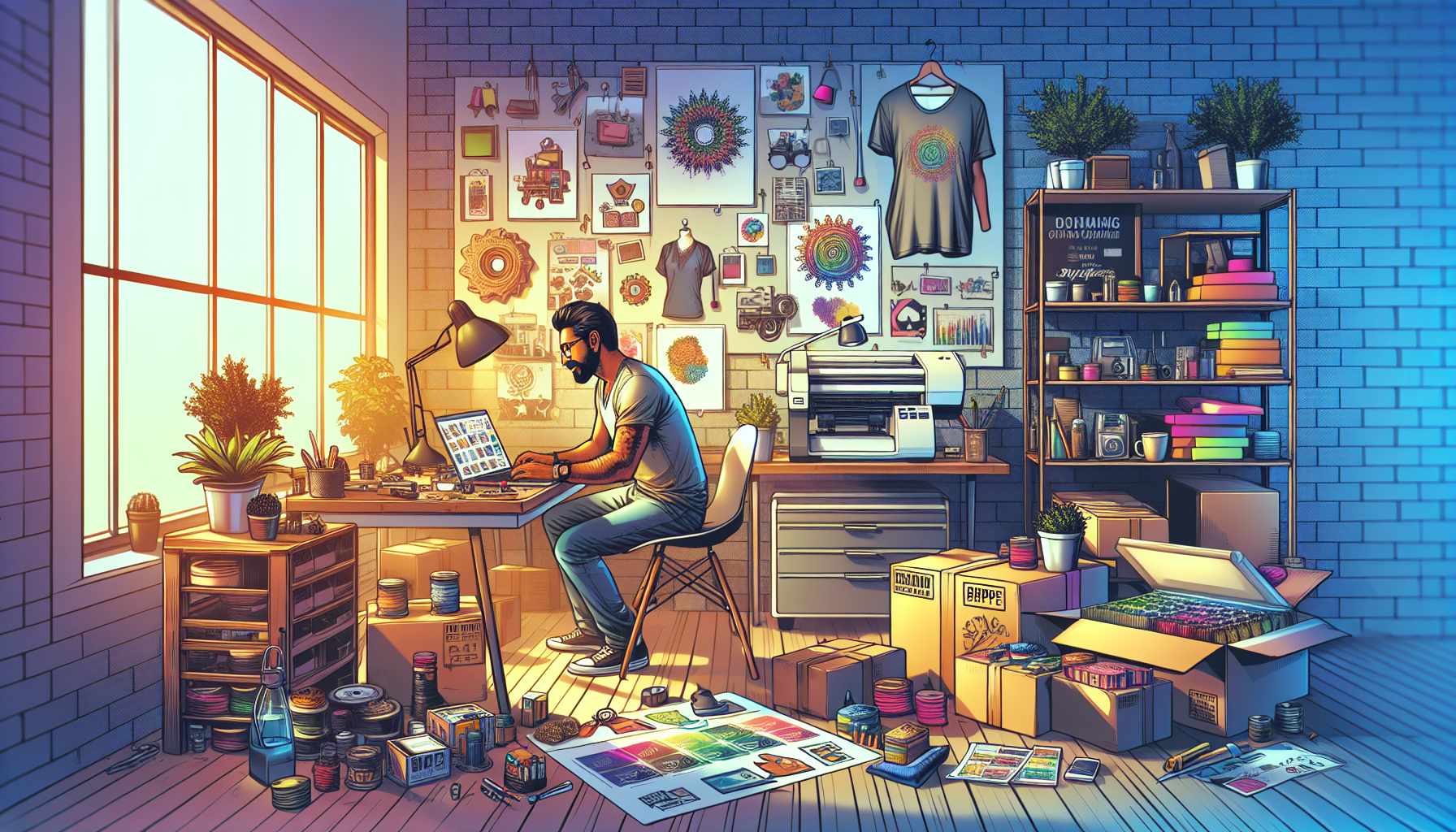 Create an image of an energetic person working on a laptop surrounded by a variety of products for an e-commerce venture. Next to the person, show packages ready for shipping, handmade crafts, and custom print-on-demand items such as T-shirts and mugs. Add elements like a small shelf with crafting supplies and a print-on-demand machine in the background. Set the scene in a vibrant home office with natural light, showcasing the excitement and potential of starting an online selling business.