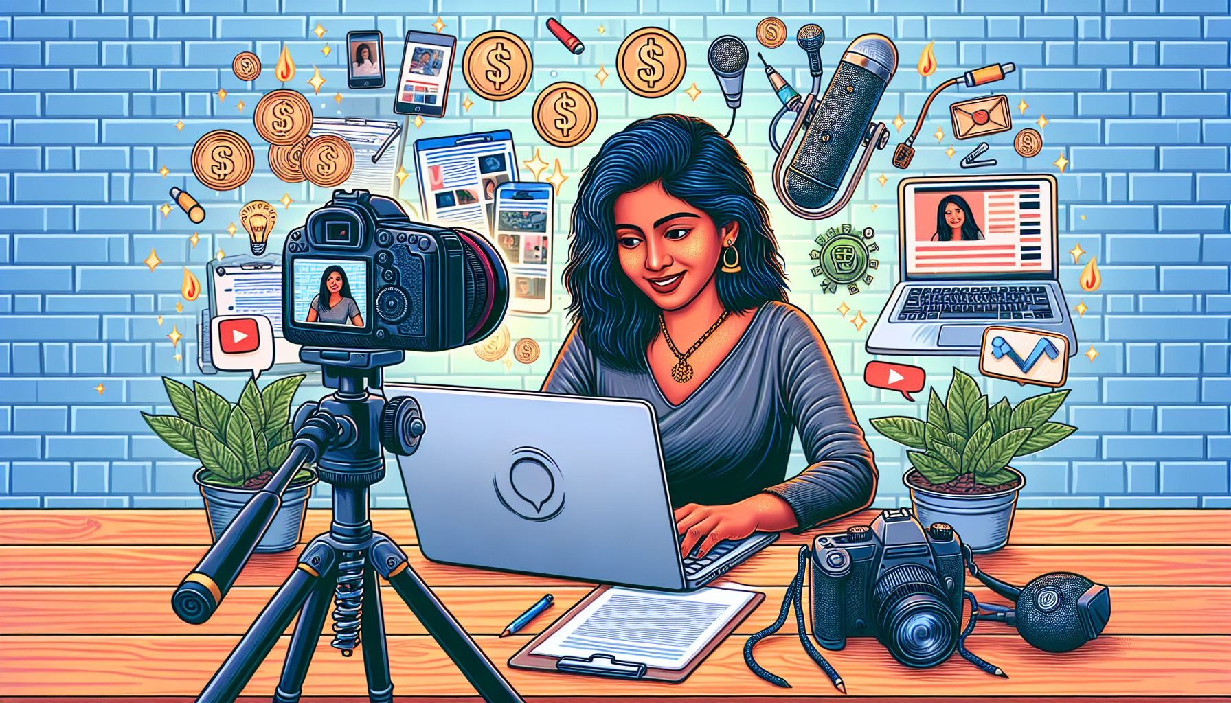 Create an image that depicts various forms of digital content creation for side hustles. Show a person working on a laptop with a blog page open, a camera set up for filming a YouTube video, and a microphone for recording a podcast. The background should include icons for social media, affiliate marketing, and webinar graphics to signify different ways of monetizing content. This scene should convey the idea of turning passion into profit through digital content creation. Keywords: profitable side hustles, digital content creation, blog, YouTube, podcast, affiliate marketing, webinar.