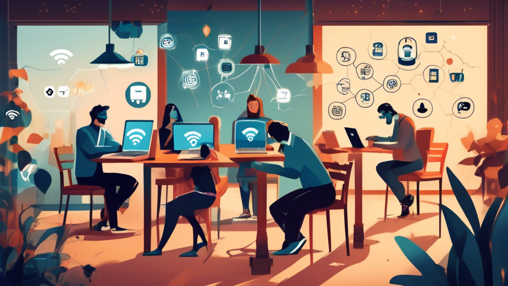 Create an image that emphasizes the importance of data privacy online by illustrating the risks of using public Wi-Fi networks. The scene should feature a person using a laptop at a public café. Surround them with visible icons representing various cybersecurity threats, such as data interception and man-in-the-middle attacks. Include visual elements like a locked padlock connected to a VPN shield, illustrating the use of Virtual Private Networks (VPNs) for encryption. Additionally, show a warning sign suggesting to avoid sensitive transactions on unsecured public networks. The overall color scheme should convey caution and security. Keywords: data privacy, public Wi-Fi, cybersecurity, VPN.