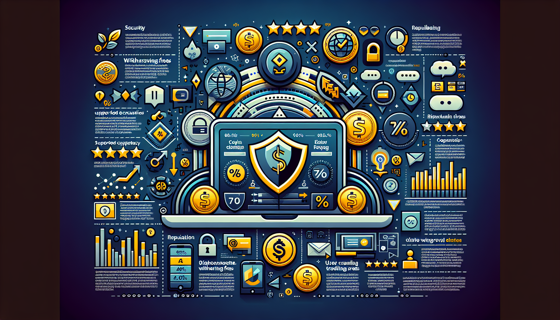 A DALL-E prompt for an image that relates to outline point #2:

A detailed infographic showing the key criteria for selecting the best cryptocurrency exchanges. It includes icons and visuals representing security and reliability (a shield with a checkmark), trading and withdrawal fees (a coin with a percentage symbol), supported cryptocurrencies and trading pairs (a list of various crypto logos), platform and user interface (a laptop with user-friendly interface elements), and reputation and user reviews (a five-star rating and speech bubbles). The infographic is visually appealing with a clean and modern design, using colors that evoke trust and professionalism.