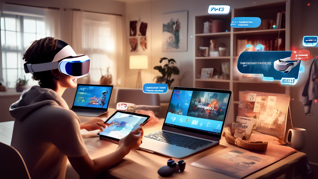 Create an image depicting a person excitedly shopping online for a PSVR 2, surrounded by various devices and tools: a laptop displaying deal comparison windows, a smartphone with deal alerts, and a calendar marked with seasonal sales events. In the background, a cozy room setup with motivational posters on the walls, enhancing the vibe of a savvy, deal-hunting shopper. Keywords: PSVR 2 for sale, deal comparison, seasonal sales.