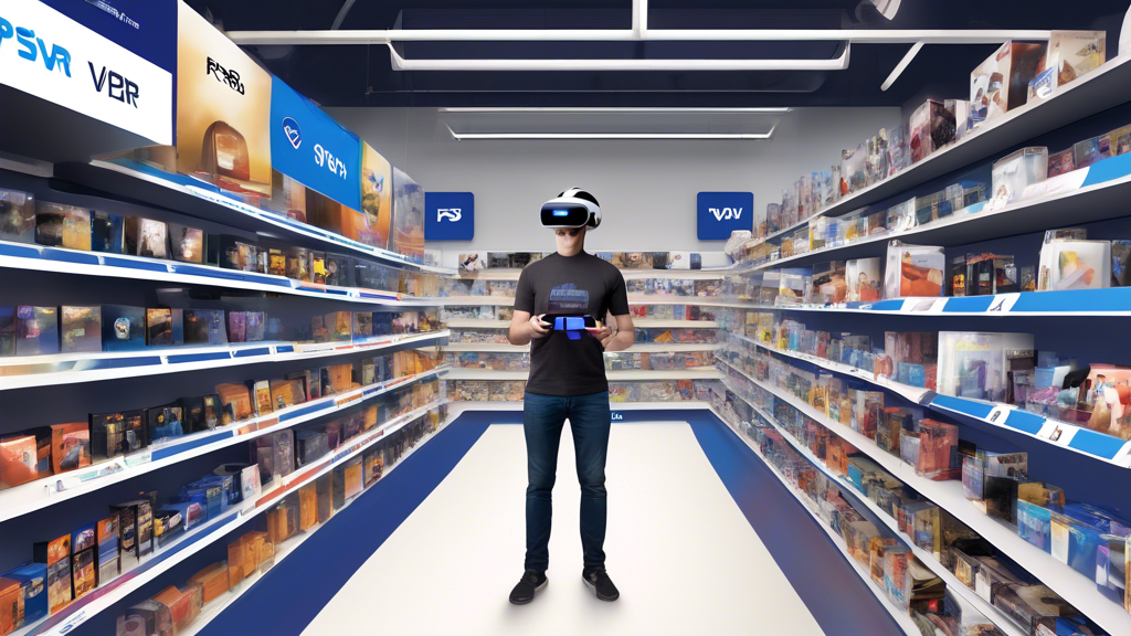 Create an image depicting the current stock and availability status of the PSVR 2 across major retailers. The image should show a variety of store fronts and websites with 