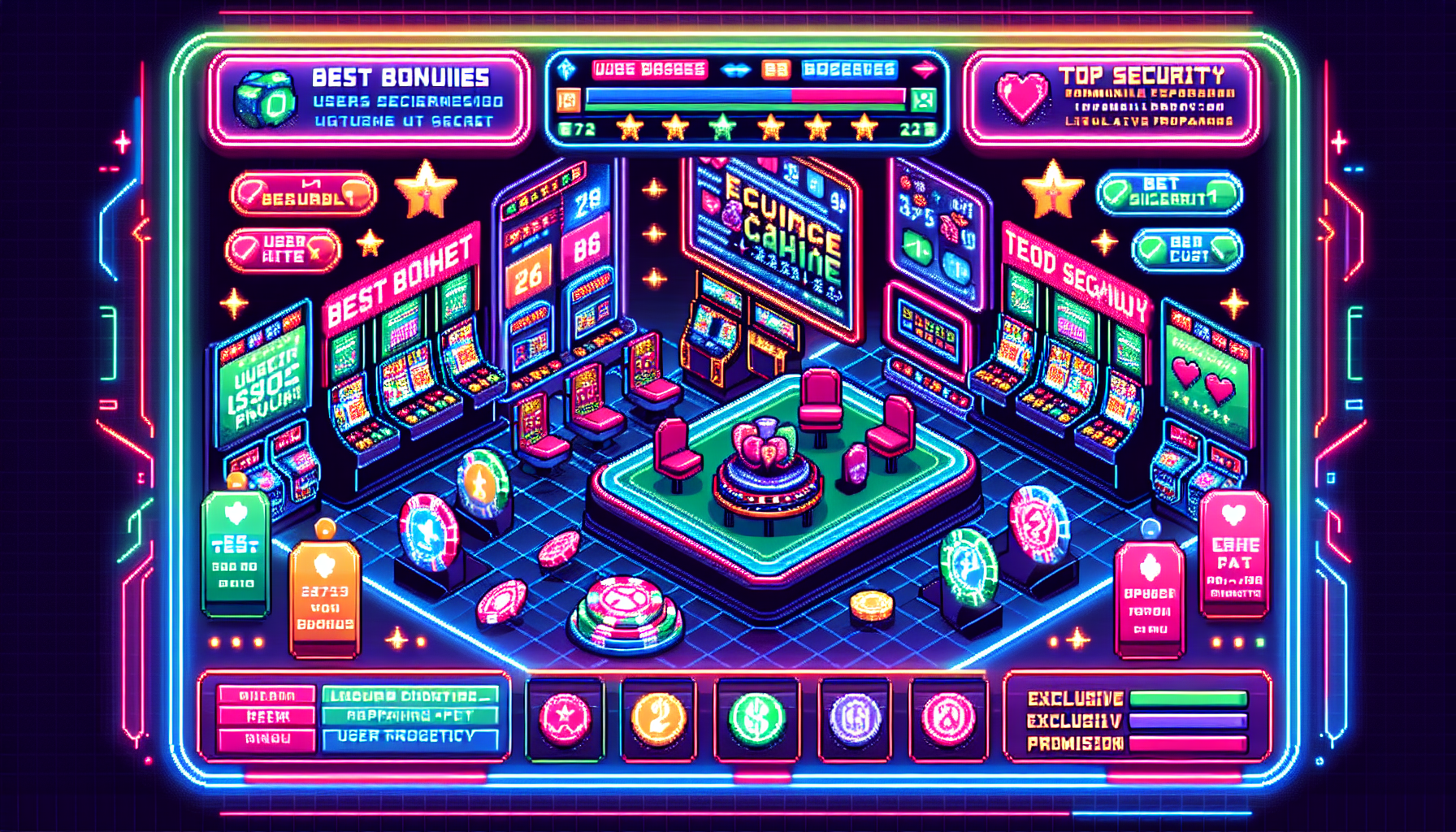 Create an image that showcases an engaging summary of Top Online Casino Real Money Sites for 2023. The image should depict vibrant digital casino environments featuring slots, poker, and blackjack tables, highlighting unique banners and badges for Best Bonuses, User Choice, Top Security, and Exclusive Promotions. Include graphical elements like user ratings, community feedback, and loyalty programs to emphasize user experiences and promotional offers. Aim for a dynamic, inviting, and trustworthy visual representation of the top online casino platforms for real money in 2023.