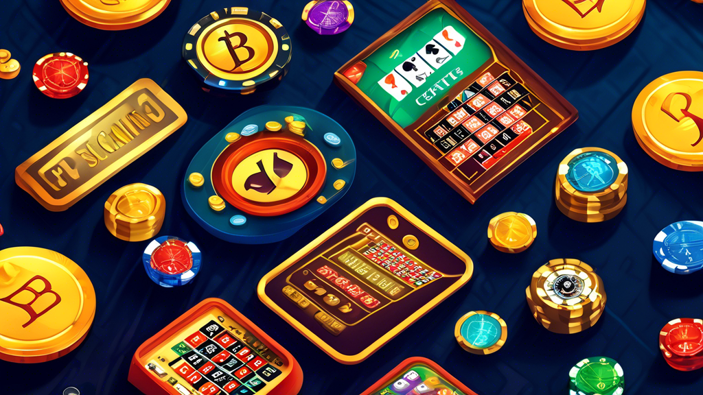 Create an illustration showcasing the top features to look for in an online casino with crypto options. Elements to include: a licensed certificate with regulatory body stamps, an array of colorful casino game icons (slots, poker, roulette), logos of famed software providers (e.g., Microgaming, NetEnt), and crypto-themed bonus icons such as gold coins with Bitcoin symbols. The background should have a sleek and modern digital aesthetic with hints of blockchain technology imagery.