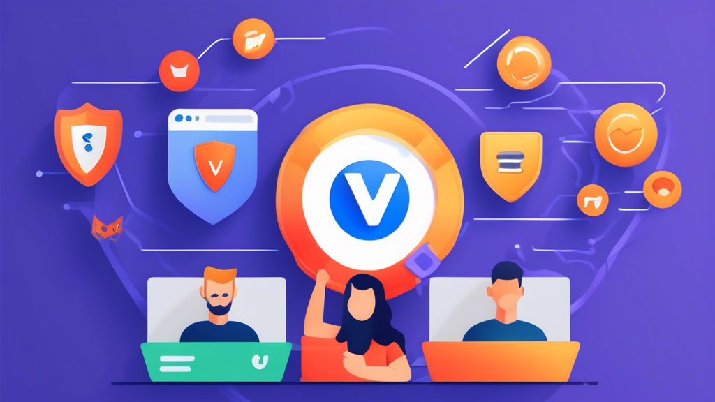 Create an image that showcases the top 3 free VPNs for Chrome in 2023. Include visual elements such as Chrome browser windows, VPN logos, and a user giving a thumbs-up. Highlight key features and benefits with simple icons or text labels for each VPN, ensuring the image is engaging and easy to understand.
