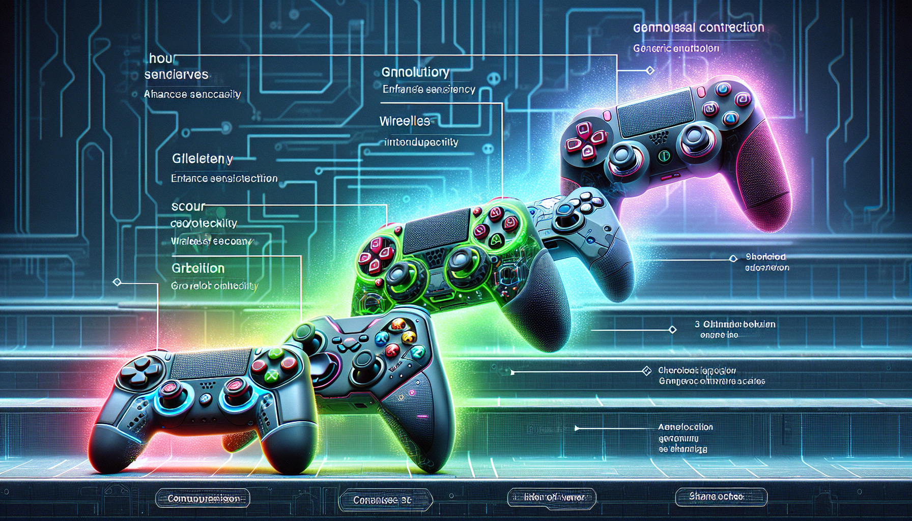 A visually engaging depiction of the evolutionary journey of the DualShock controller, showcasing the significant upgrades in DualShock 2, 3, and 4. Present an exploded view of each controller, highlighting the enhanced sensitivity and precision of the DualShock 2, the wireless connectivity of DualShock 3, and the ergonomic design, touchpad, and share button of DualShock 4. The backdrop should be a futuristic gaming arena with each controller subtly illuminated, emphasizing their respective advancements and contributions to the immersive gaming experience.