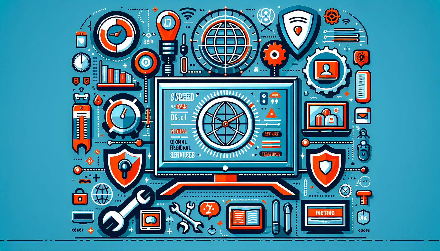 An infographic-style illustration showing a Samsung TV with various icons representing key criteria for selecting the best DNS: speed and reliability, global vs. regional services, security features, and user-friendly setup. The TV is at the center, surrounded by icons such as a speedometer, a globe, a shield, and a wrench, symbolizing the different considerations.