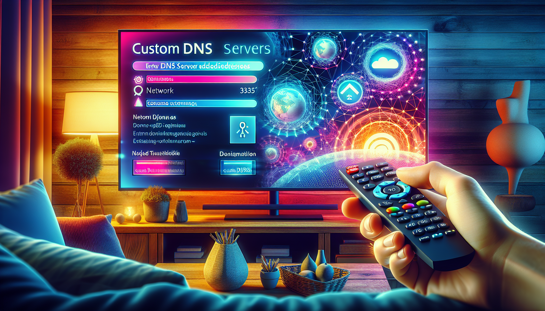 A high-resolution image of a Samsung TV displaying its network settings menu. The background shows a cozy living room environment. Close-up shots highlight hands holding a remote control, navigating through options to enter custom DNS server addresses. The image should also depict a small window or overlay showing a progress bar for testing and verifying the new DNS configuration. Include icons or subtle indicators related to network connectivity and performance, symbolizing troubleshooting and optimization steps.