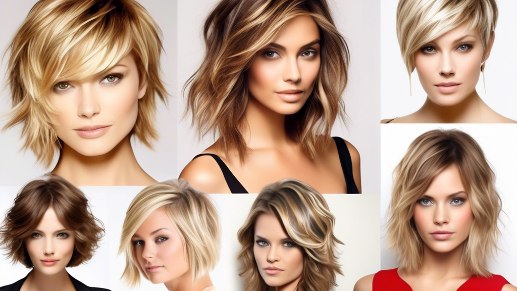 Create an image of a collage showcasing various hairstyles enhanced with blonde and brown foils, suitable for different hair lengths. For short hair, include a chic pixie cut with delicate blonde and brown highlights, and a sleek bob with dimensional highlights. For medium hair, feature layered cuts with contrasting foils and beachy waves highlighted naturally. For long hair, display luxurious ombre or balayage styles using blonde and brown foils, plus an elegant updo that shows multi-tonal highlights. The collage should emphasize the versatility and beauty of these techniques, making each hair length look stunning and trendy.