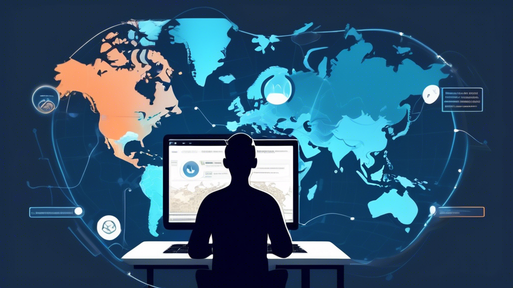 Create an image of a person using a computer to set up a free VPN service. The person is shown downloading and installing the VPN software, reviewing the settings for optimal performance, and finally connecting to a server to access geo-restricted content. The background features a world map with different countries highlighted, indicating the bypass of geographical restrictions. The overall tone should be instructional and user-friendly, mirroring a step-by-step guide. Keywords: free VPN, installing VPN, accessing blocked sites, geo-restricted content.