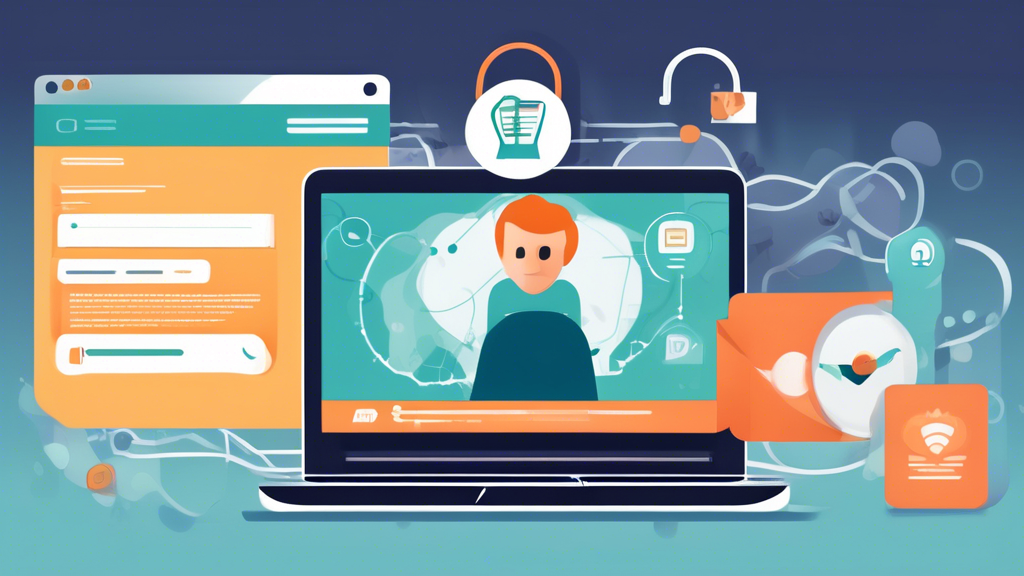 Create an image depicting a laptop screen showing a person browsing the internet through a free VPN service. The scene should include icons and notifications indicating high-level security features, like a padlock symbol and encrypted data streams, signifying privacy and safety. In the background, emphasize an accessible website previously blocked. An infographic-style design element displays tips for online anonymity and best practices for safe browsing. The overall atmosphere should exude confidence and security in using a free VPN.