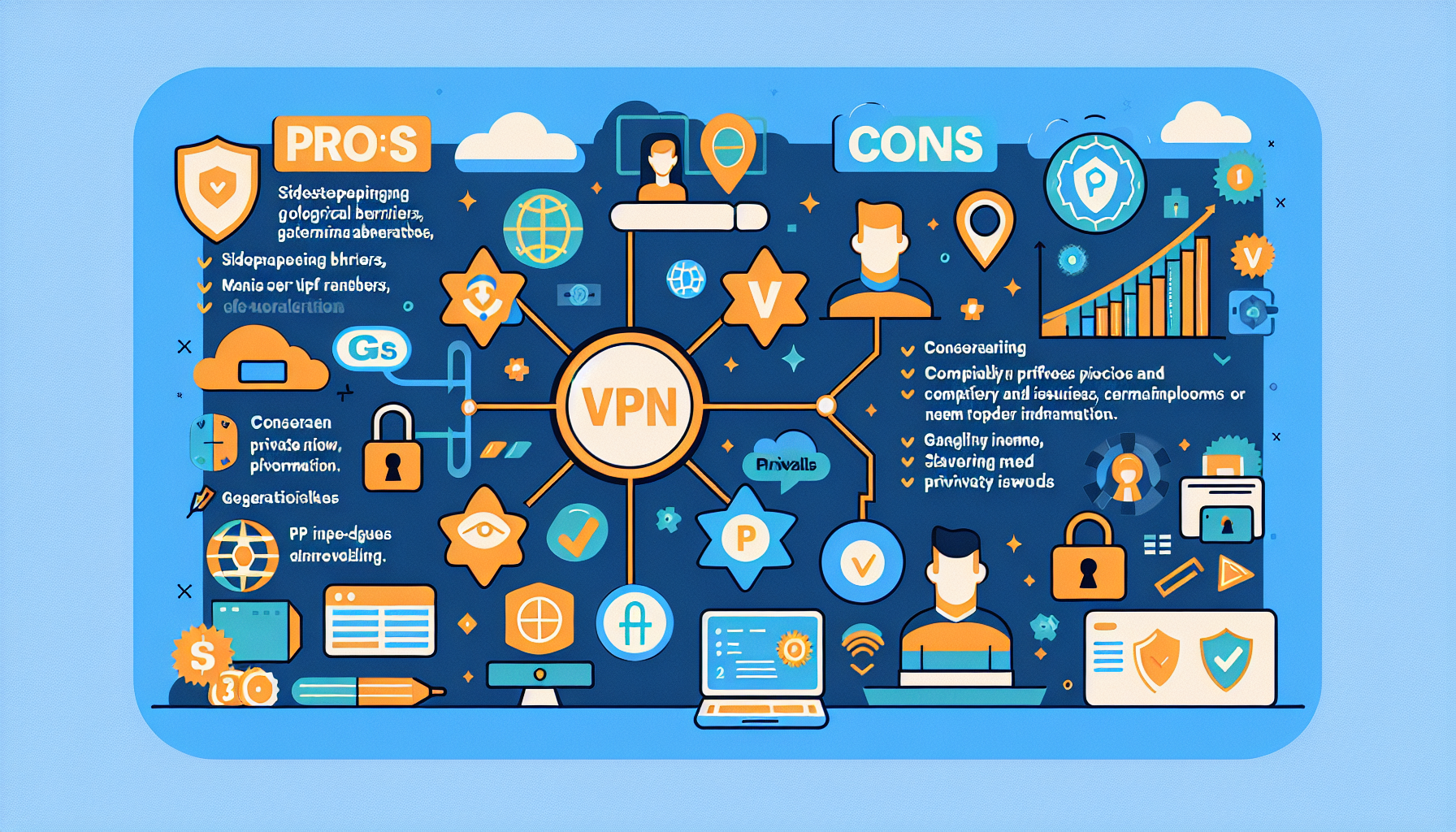 Prompt: Create an image that illustrates both the advantages and disadvantages of using Avast VPN. The left side of the image should depict the security and accessibility advantages, such as avoiding geographical censorship, IP hiding, and protection of personal data. The right side of the image should show potential disadvantages, like slower connection speeds and compatibility restrictions with certain platforms or devices. Use icons and simple illustrations to represent these concepts clearly, maintaining a balanced and professional tone. Include a subtle Avast VPN logo in the corner of the image.