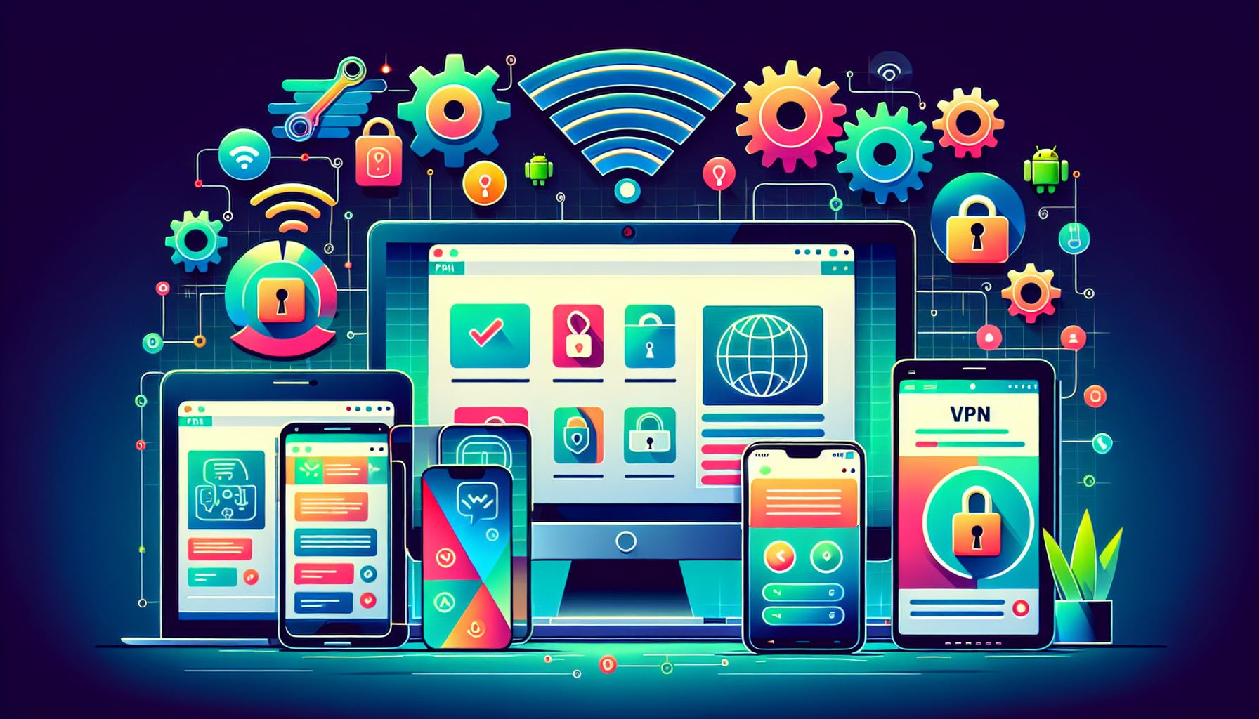 Prompt para DALL-E:

Un conjunto de dispositivos diferentes, incluyendo una laptop con Windows, una computadora Mac, un smartphone Android y un iPhone, cada uno mostrando la interfaz de usuario de Avast VPN en sus pantallas. Alrededor de los dispositivos, ilustraciones de engranajes y herramientas simbolizan la configuración y ajustes óptimos. De fondo, un gráfico de señal Wi-Fi y un candado simbolizan la seguridad y conexión estable provista por el VPN.