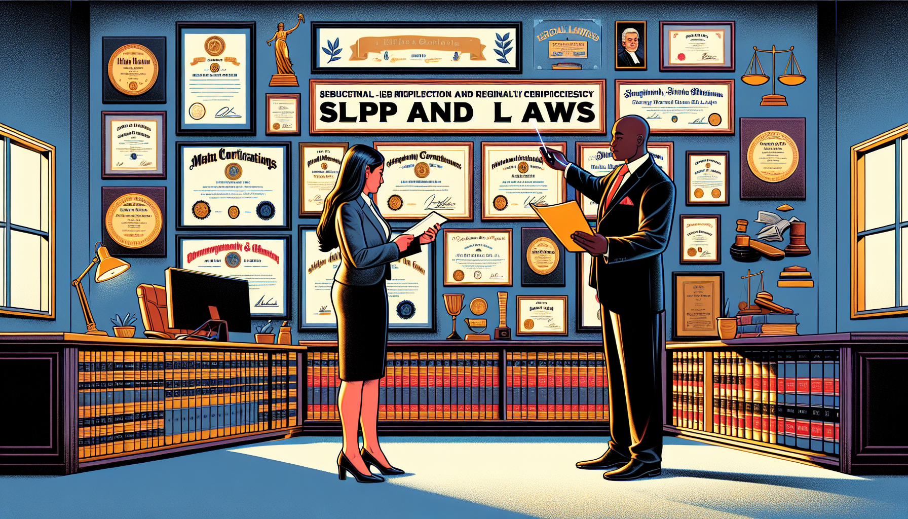 A client reviewing a large wall display of certifications and diplomas in an impressive office, while an experienced lawyer, specialized in slip and fall cases, explains a legal document, highlighting state-specific laws using a laser pointer. The room radiates professionalism and local legal expertise, with visible law books and legal symbols specific to the state.
