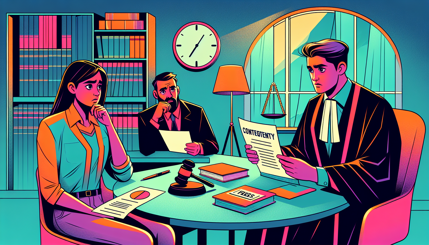 Image of a person having a consultation in a law office with a specialized slip and fall injury lawyer; the client is visibly anxious but attentive, holding important documents while the lawyer explains fee structures, shown with visual aids illustrating contingency fees versus hourly rates, emphasizing the importance of transparency and trust in their potential relationship.