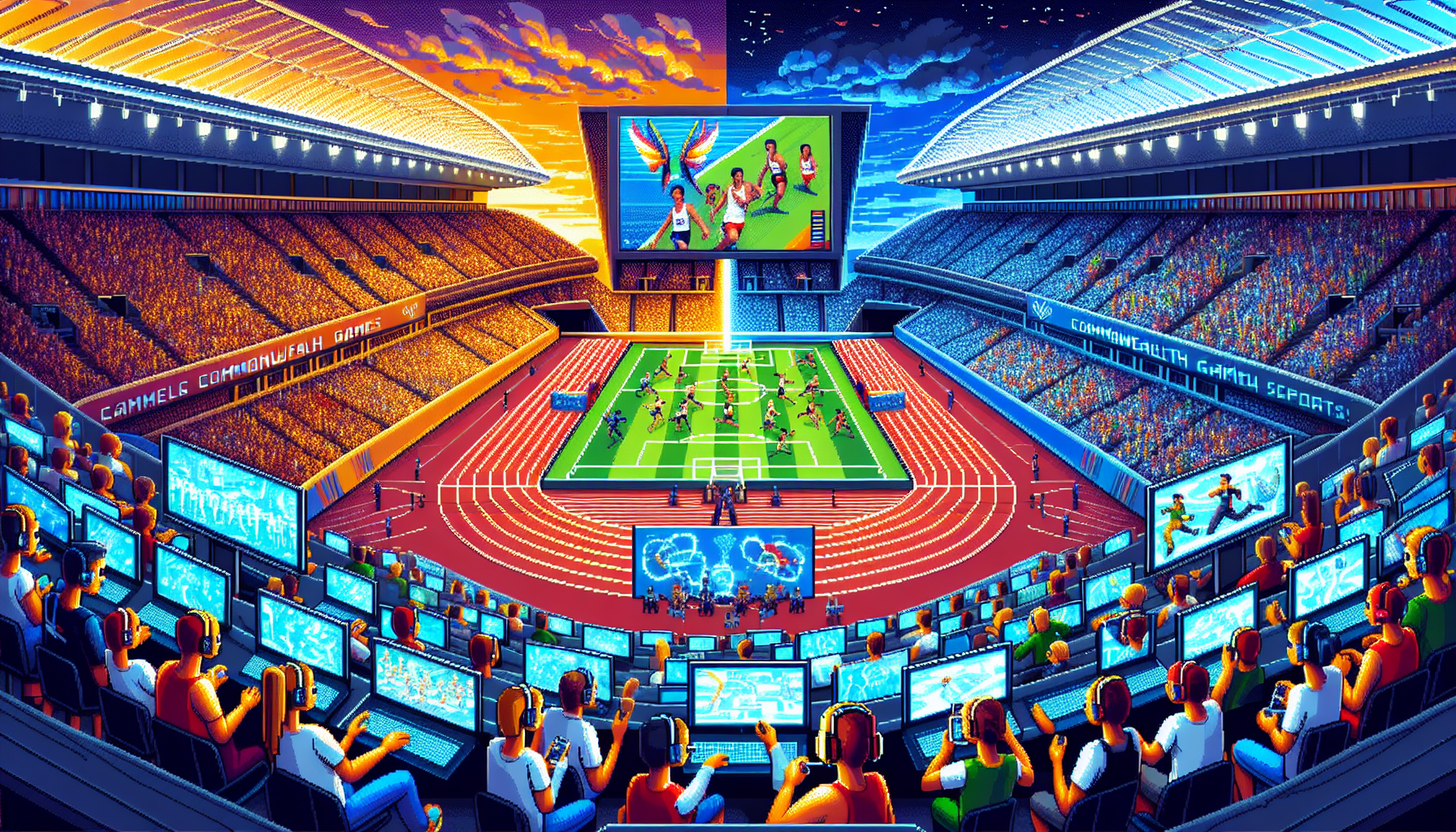 A dynamic scene showcasing a grand stadium with a dual atmosphere that merges traditional Commonwealth Games sports with esports. On one side, athletes are competing in track-and-field events, while on the other, gamers are intensely focused on their screens, participating in popular esports titles. The central focus is on a large digital screen displaying the current esports match, surrounded by enthusiastic fans. High-quality graphics and banners highlight the inclusion of esports in the Commonwealth Games, capturing the essence of this new and exciting fusion in sports. Keywords: Commonwealth Games esports integration.