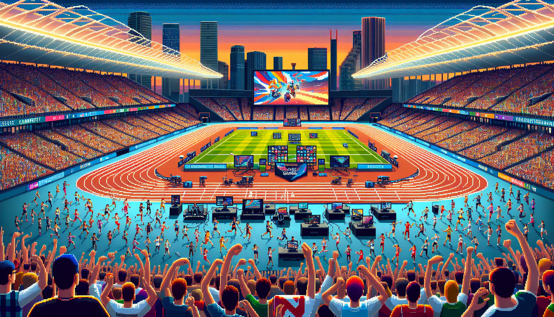 Create an image depicting the vibrant juxtaposition of traditional sports and modern esports within the context of the Commonwealth Games. Capture a stadium filled with a dynamic audience watching both a live track race and an adjacent esports competition on large screens. Show athletes of varying disciplines, from sprinters to focused gamers, unified under the Commonwealth Games banner. Highlight the audience