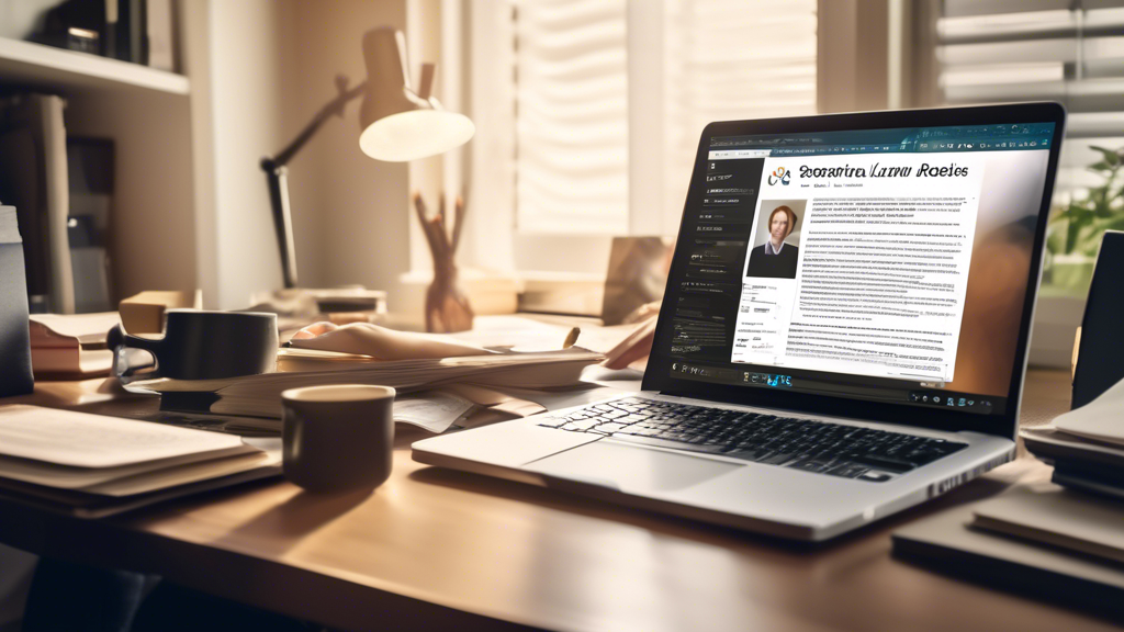 Create an image of a person researching on a laptop in a cozy home office setting. On the laptop screen, there are tabs open to various law firm websites showing ratings, reviews, and specialized car accident case information. Scatter around the desk are notebooks and reference materials emphasizing experience and credentials. The person looks focused, highlighting the meticulous evaluation process.