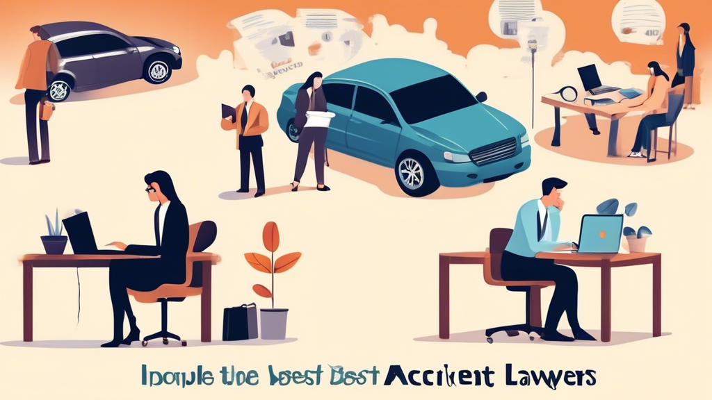Create an image showing people exploring various ways to find the best car accident lawyers near them. Include a person using a laptop to search online directories, another person talking on the phone, possibly asking for referrals, and a third person sitting at a desk with a lawyer, engaged in a consultation. The background should subtly indicate a legal setting, perhaps with law books, a justice scale, and calm, professional lighting. Keywords to include: finding car accident lawyers, online searches, referrals, consultations.